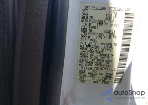 2003 Nissan Frontier Xe z USA, uszkodzony, nr VIN 1N6DD26T73C428151